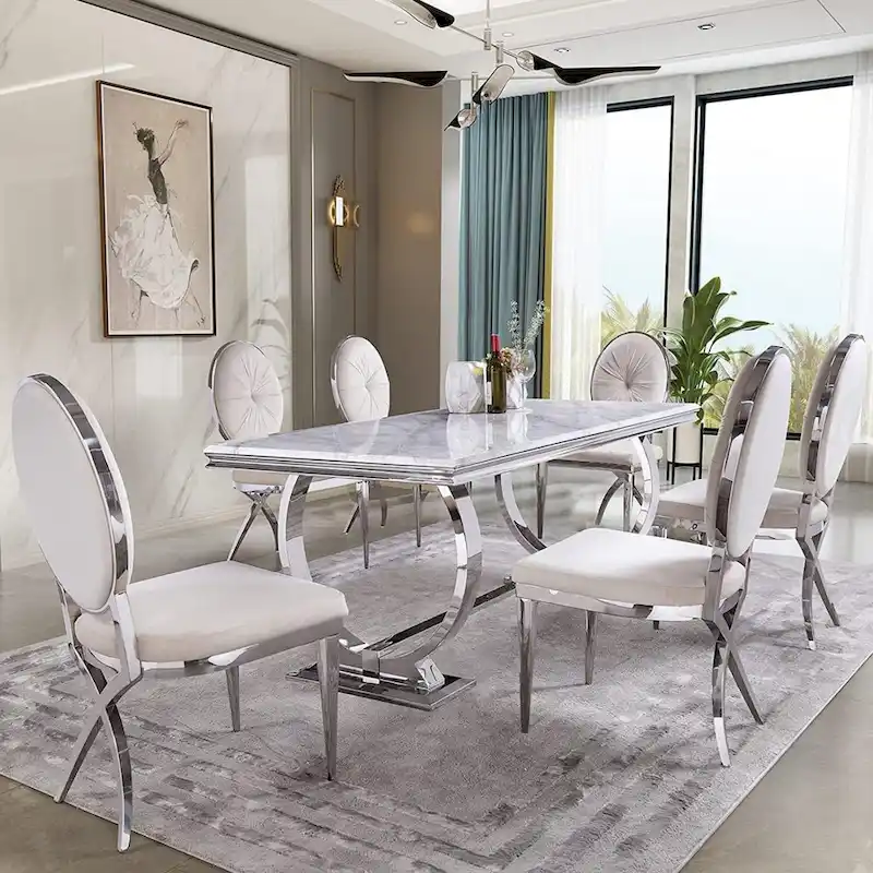 Modern Dining Room Table with Stainless Steel Metal U-Base