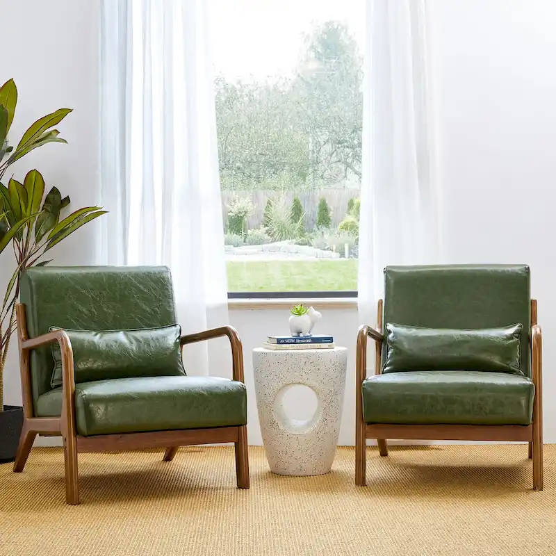 Glitzhome Set of 2 30.75 H Mid-Century Modern PU Leather Accent Chairs with Cushion - 25.75 W x 33.75 D x 30.75 H