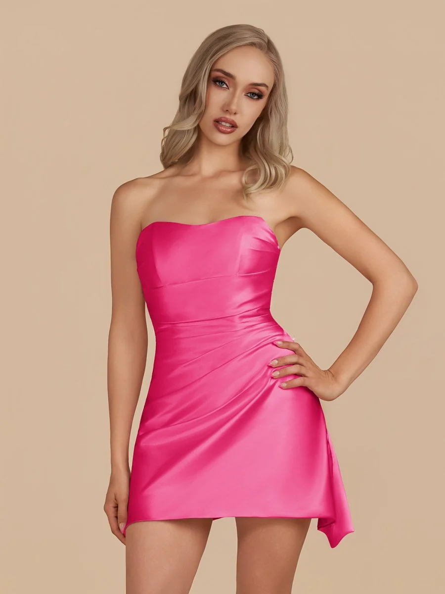 Fuchsia - Strapless Sheath Irregular Hem Satin Short Homecoming Dress