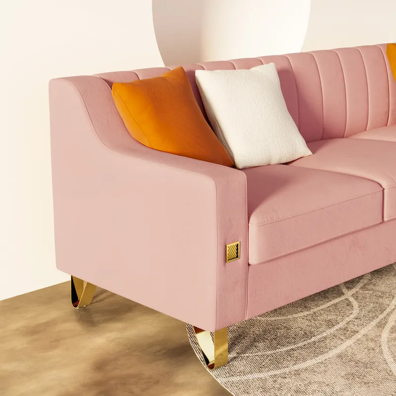 Luxury pink Velvet Sofa with Gold Accents - Modern 3-Seat Couch with Plush Cushions