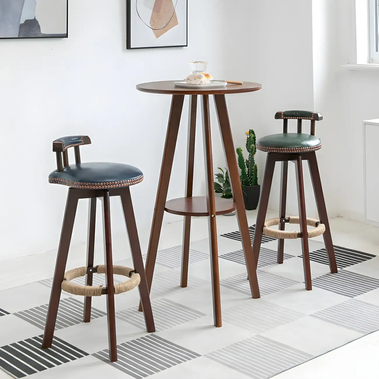 Minimalist Round 2-tier Bar Height Small Wooden Bar Table