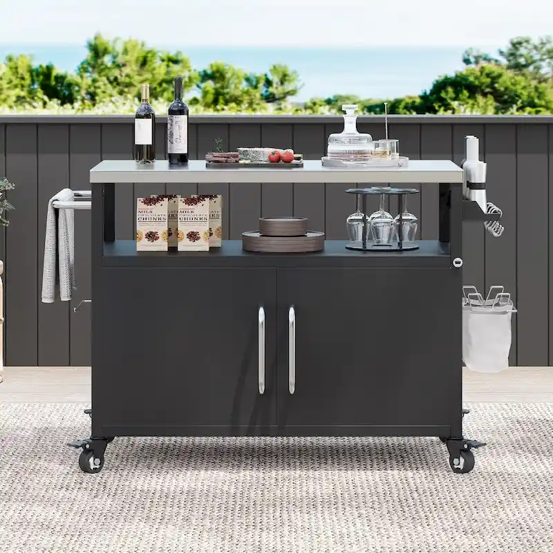 Outdoor Kitchen Island With Stainless Steel Tabletop,Metal Grill Cart Table With Storage Cabinet - N/A
