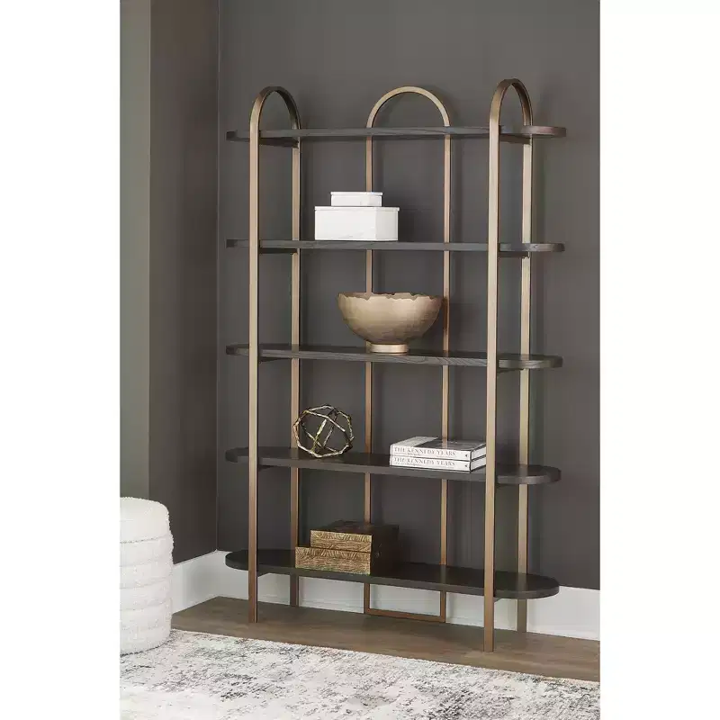 Signature Design by Ashley Brentmour 72 Modern Bookcase with 5 Shelves - Brown Wood & Gold Metal Frame