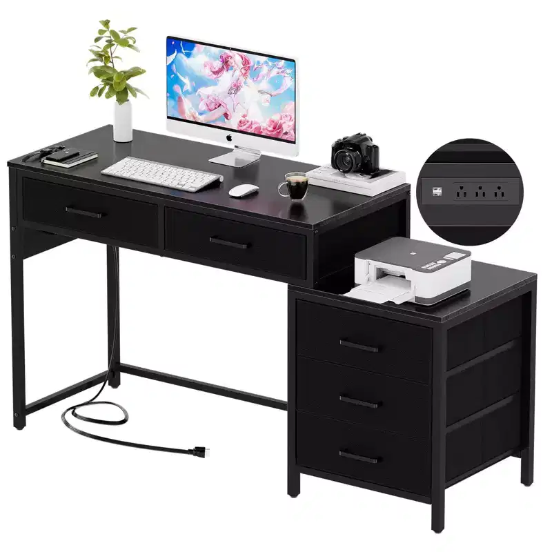 Besiost Corner Home Office Desk with File Drawers, Computer Desk with Charging Station
