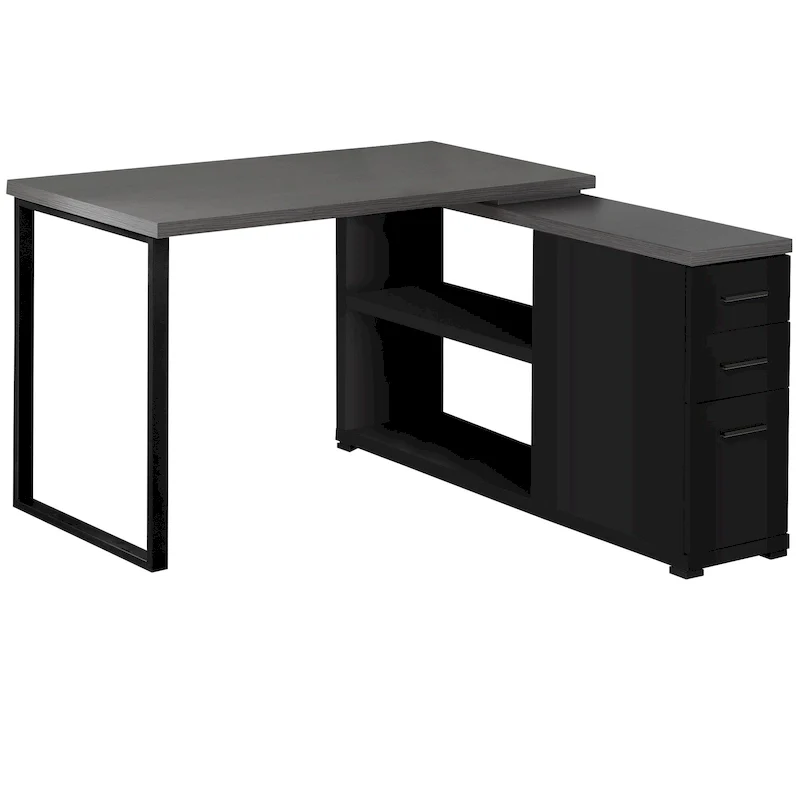 Grey Wood L-Shaped Computer Desk with Drawers and Metal Pedestal Base