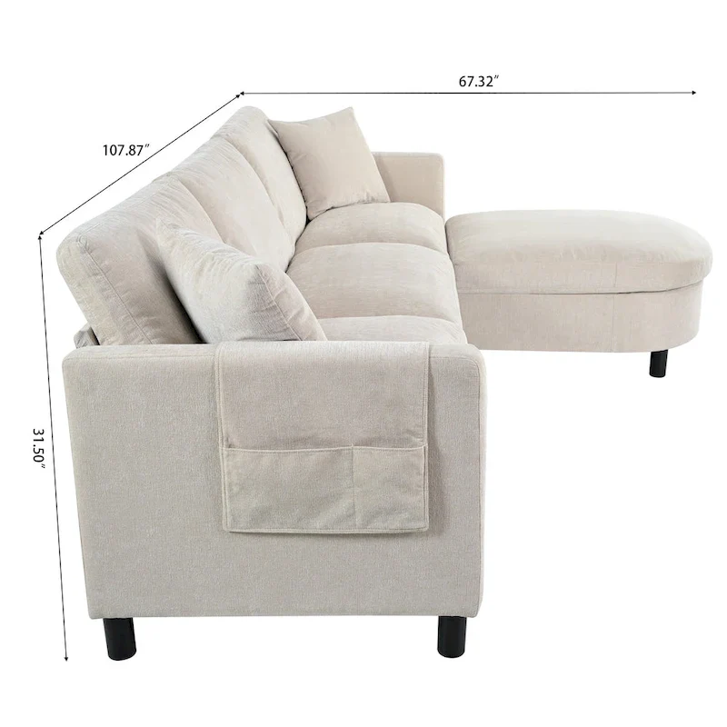 Beige 107.87 Spacious 4-Seater Sofa with Movable Ottoman