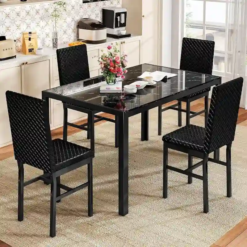 Modern Dining Room Table with Tempered Glass Tabletop and Diamond Stitching PU Leather Chairs