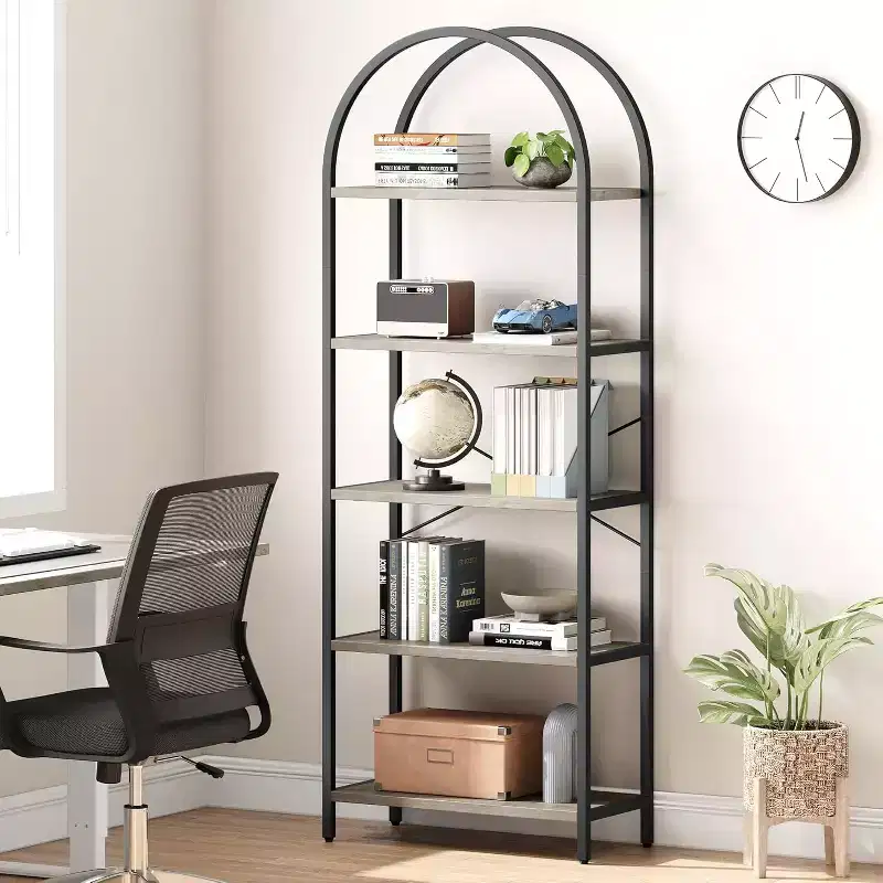 Arched Bookshelf 5-Tier Open Bookcase, Golden Frame White Board Metal Frame, Freestanding Storage Shelves for Bedroom Living Room Home Office