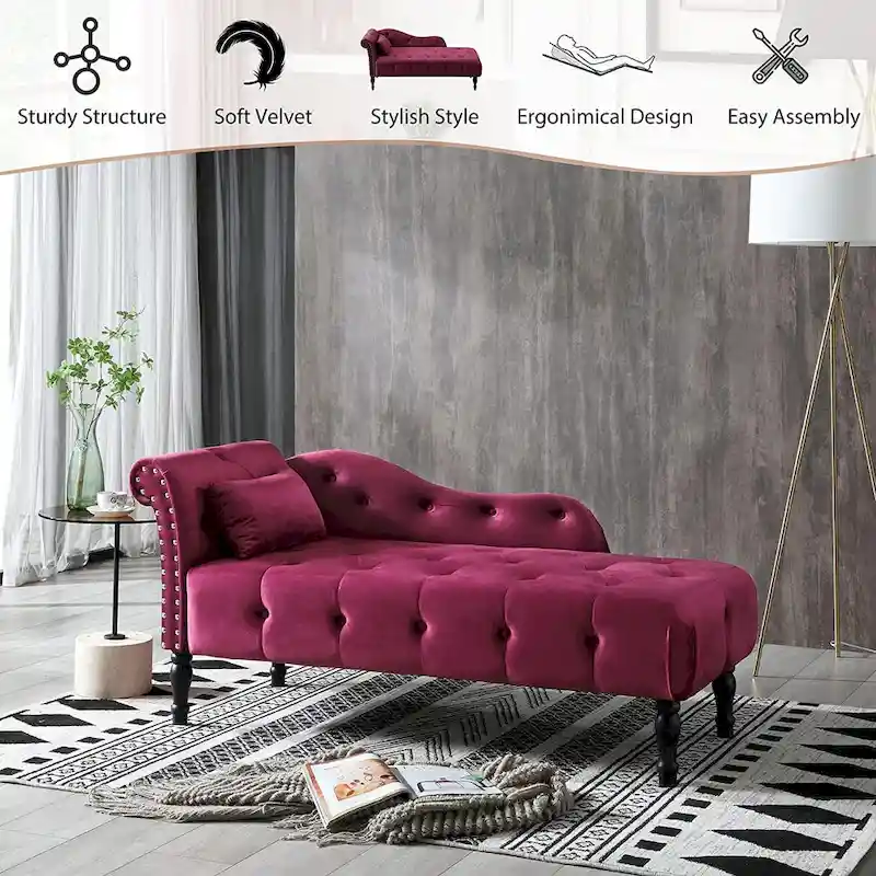 61 Velvet Chaise Lounge Chair with 1 Pillow and Nailhead Trimmed