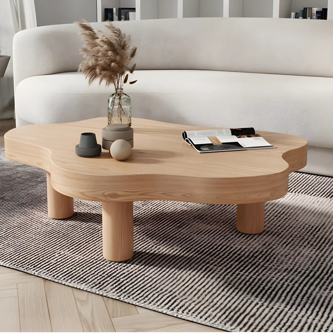 Natural Cloud-Shaped Pine Coffee Table with 3 Legs