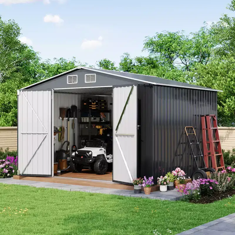 10x8 ft Metal Outdoor Storage  Galvanized Steel Utility Outdoors Storage with Lockable Double Doors for Tools, Bikes & Lawn Mower