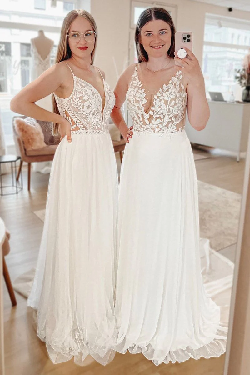 Simple White A-Line Boho Long Chiffon Wedding Dress with Lace Appliques