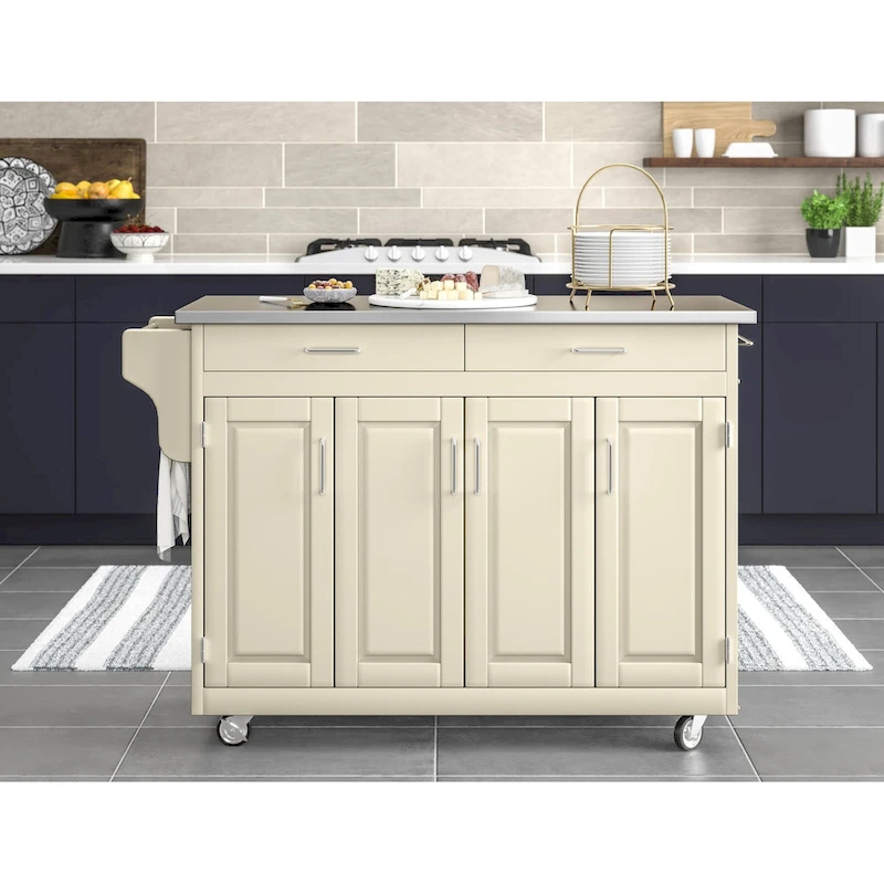 Puff Island White Finish with Stainless Steel Top Kitchen Cart