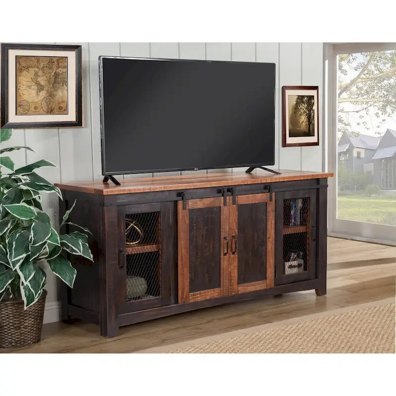 Antique Black / White Grey / Natural / Antique White / Honey Tobacco / Espresso / Grey Rustic Farmhouse Solid Pine TV Stand with Sliding Barn Doors - Single Use