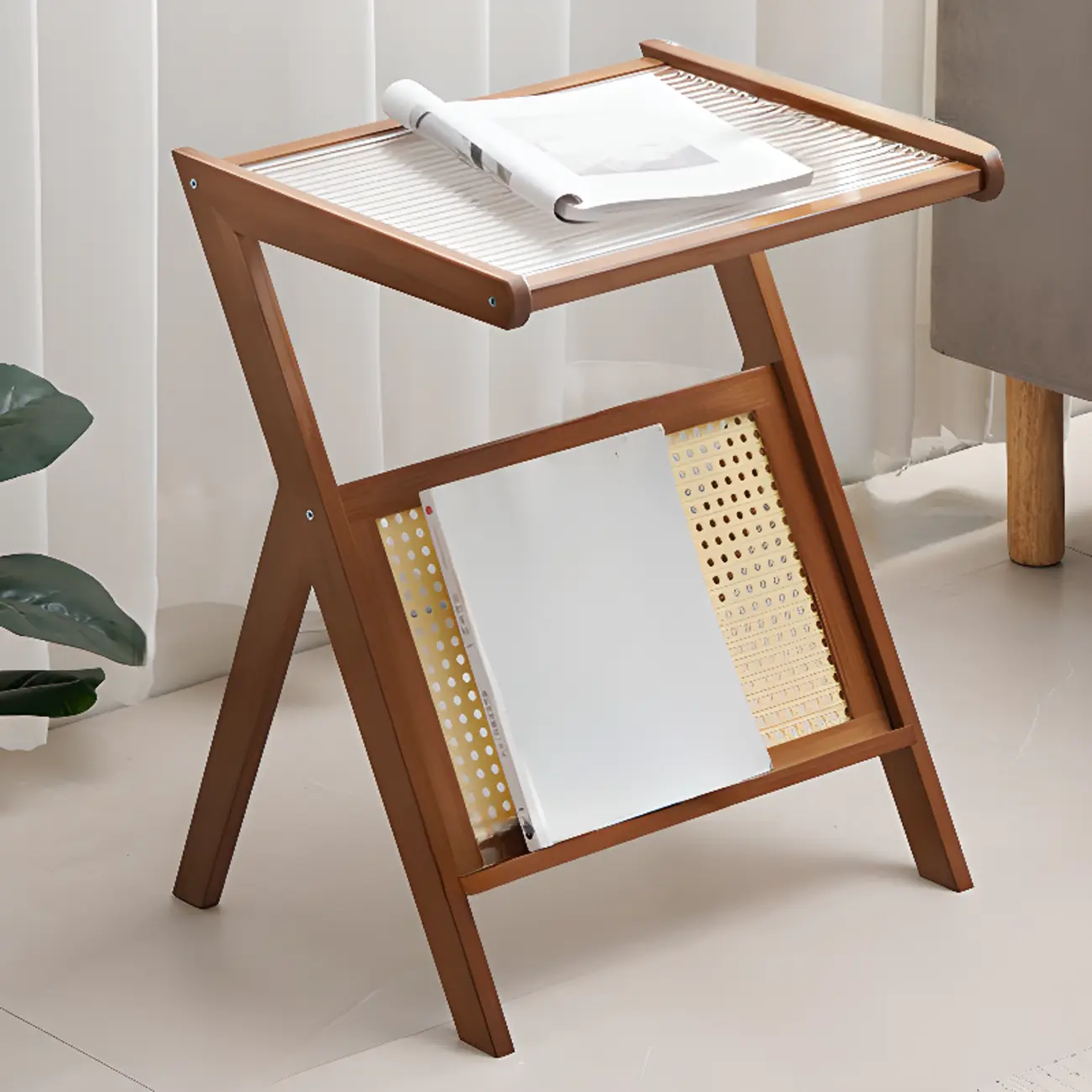 Elegant Wooden Foldable Rack Side Table for Living Room