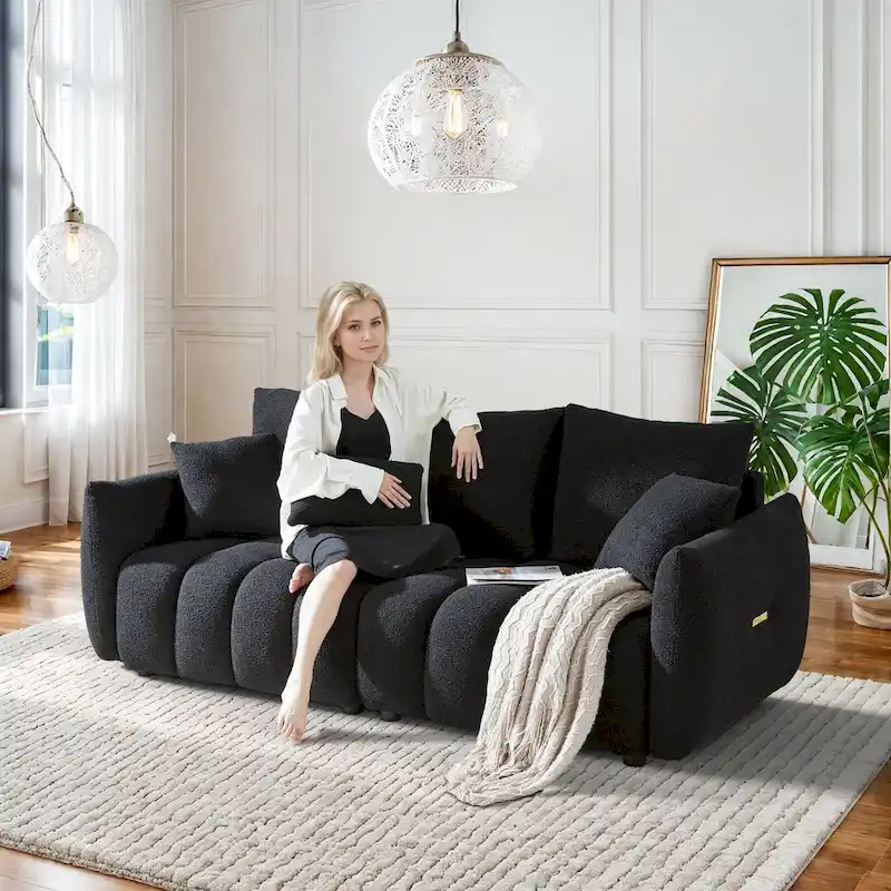 Ouyessir Overstuffed Upholstered Deep Seat Soft Fabric Sofa with 3 Pillows