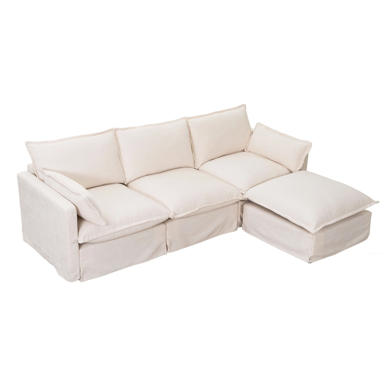 93.31 Faux Linen Modular Sectional Sofa with Ottoman, Wood Frame