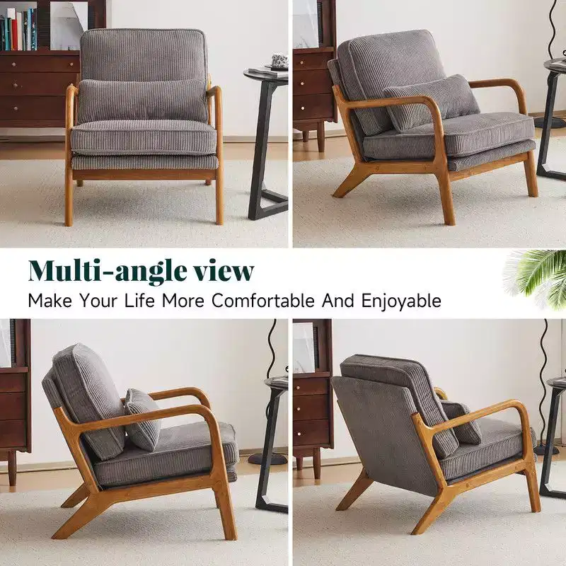 Karl Home 2Pcs Mid Century Solid Wood Accent Chair Upholstered Armchair with an Extra Pillow