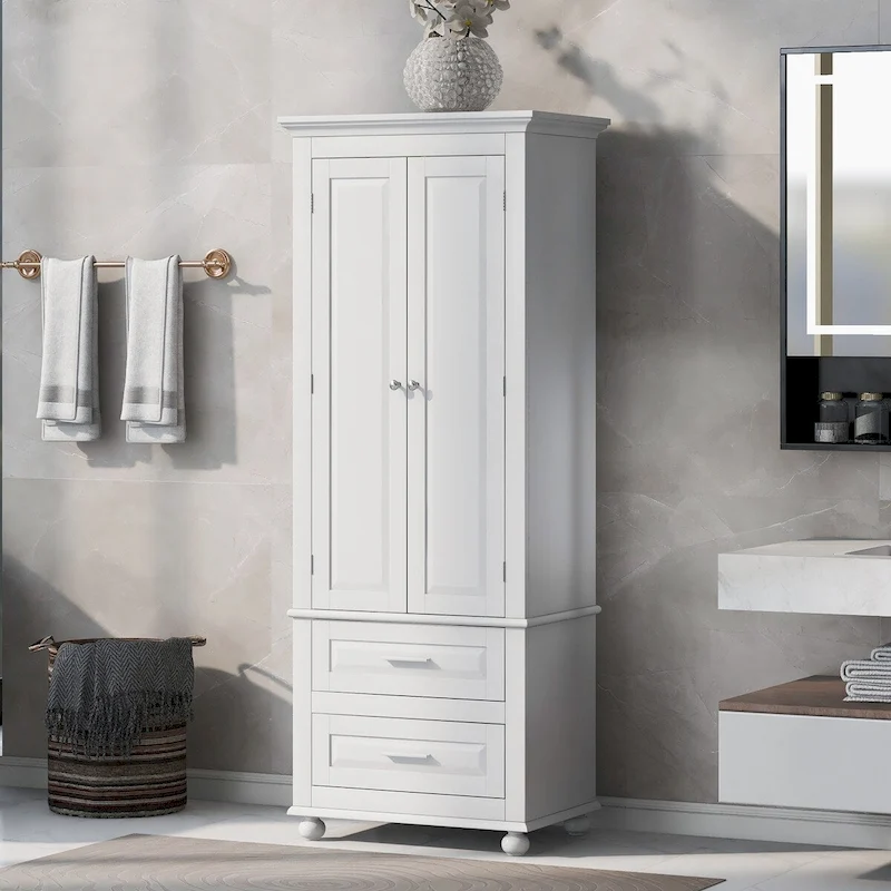 Tall Storage Cabinet with Two Drawers for Bathroom/Office, White