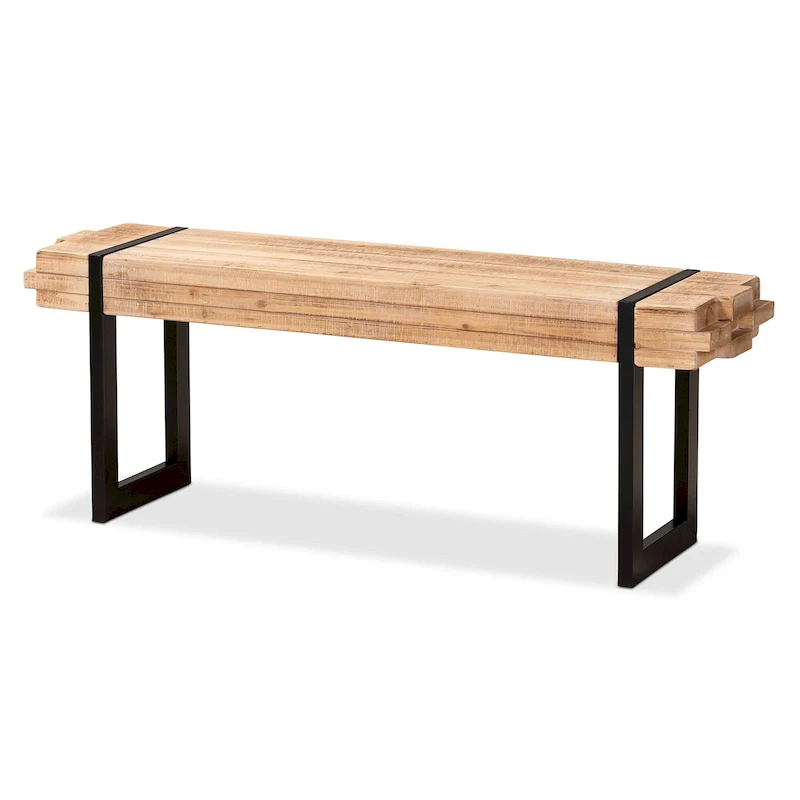 Brown & Black MDF Rustic Industrial Entryway Bench with Stacked Wood Effect & Metal Legs, Seats 1