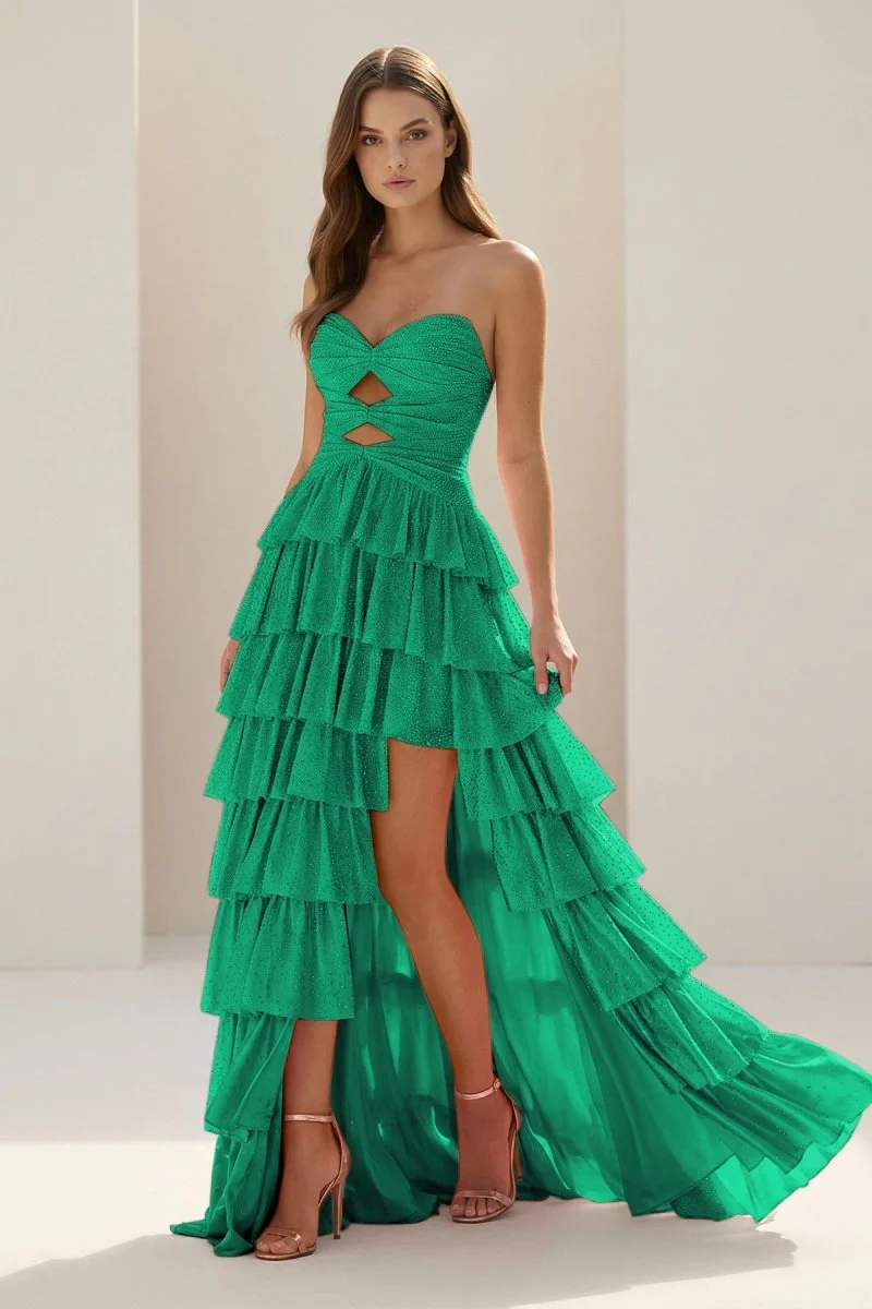 Yellow Strapless A Line Satin Beaded Long Prom Dresses With Ruffles