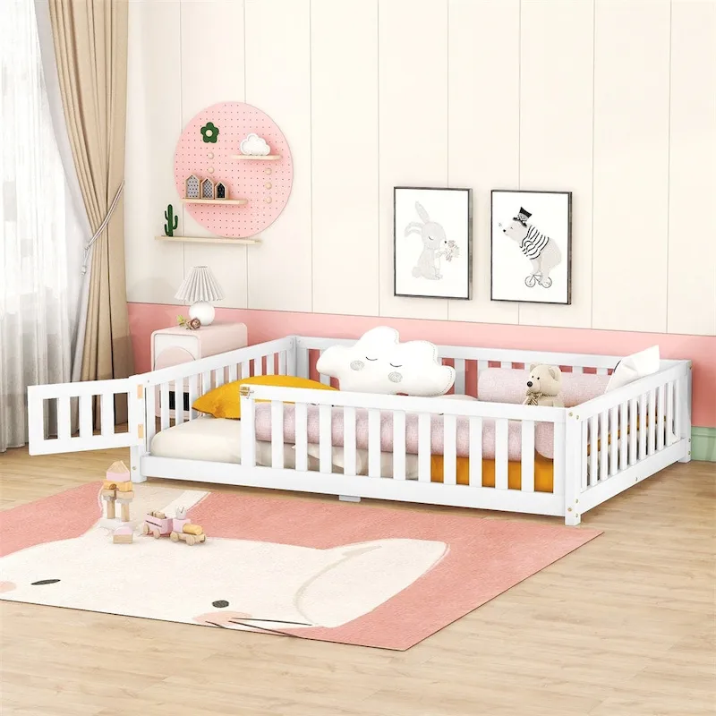 Grey / Natural / Pink / White Full Size Floor Bed with Rails & Door, for 1 Child