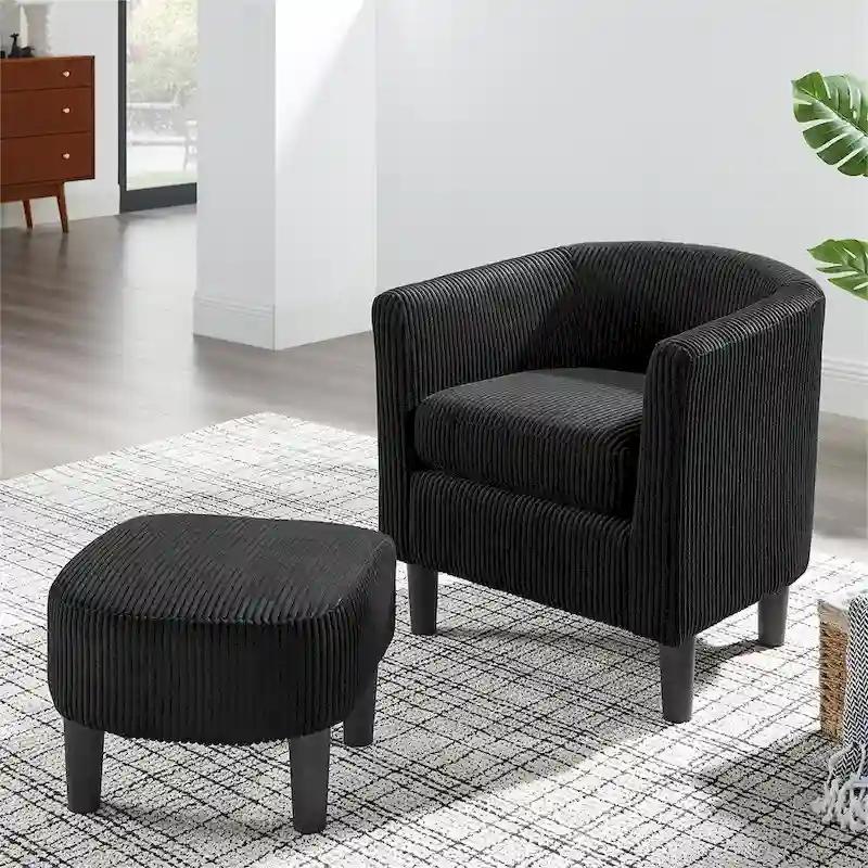 Corduroy Accent Chair & Ottoman Set – Black / White / Yellow / Grey / Green, 2-Piece, 1-Person