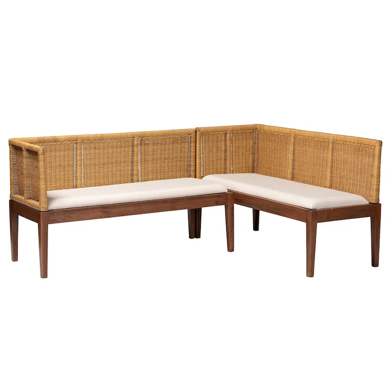 Modern Bohemian Natural Brown Rattan and Acacia Wood 2-Piece Dining Nook Banquette Set