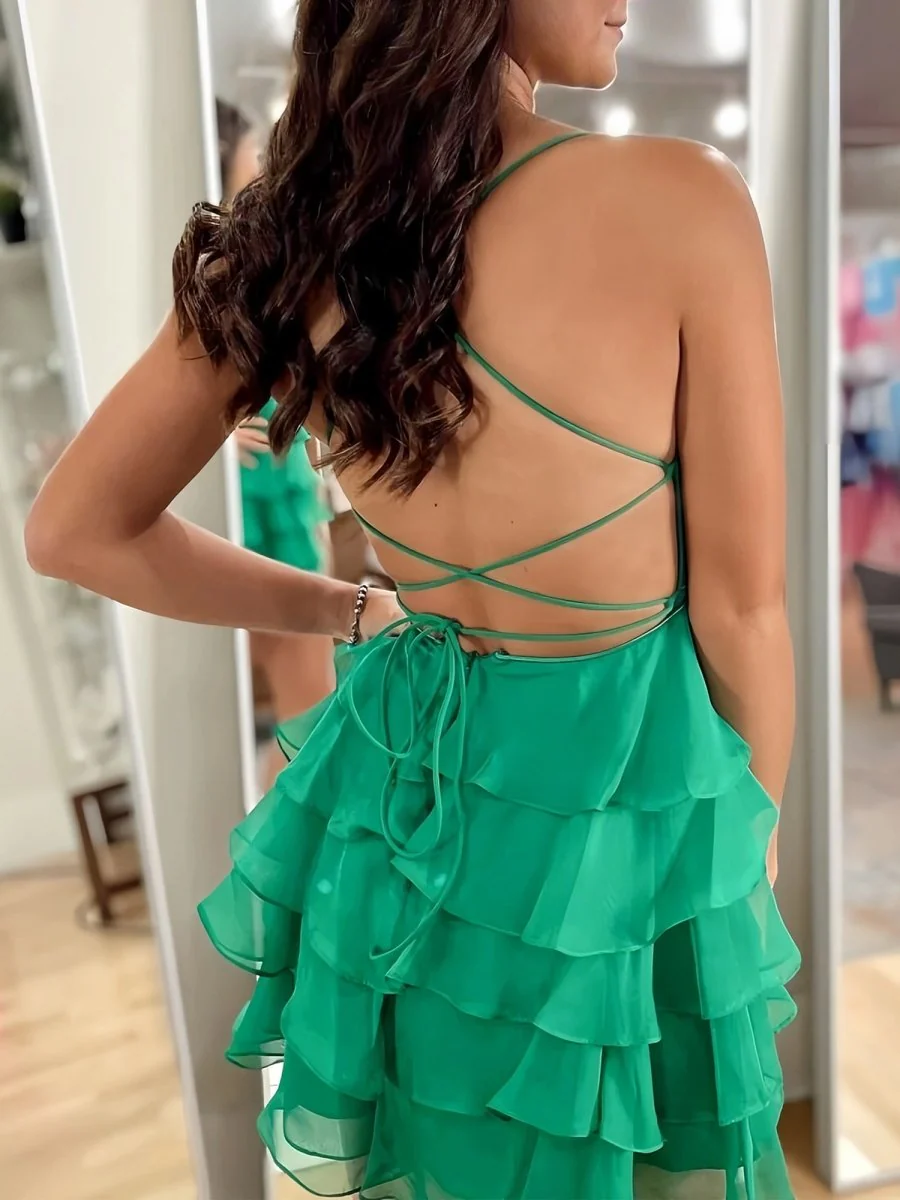 Green - Spaghetti Straps A Line Chiffon Ruffles Homecoming Dresses With Appliques