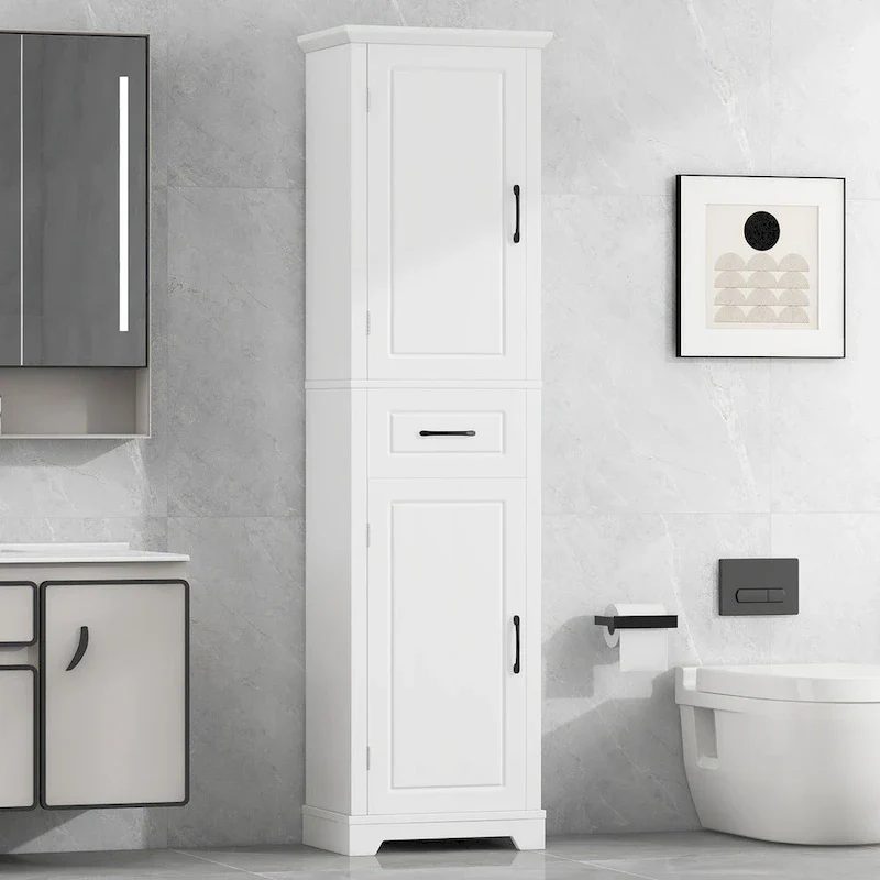 Tall Bathroom Storage Cabinet with Two Doors, Drawer and Adjustable Shelves