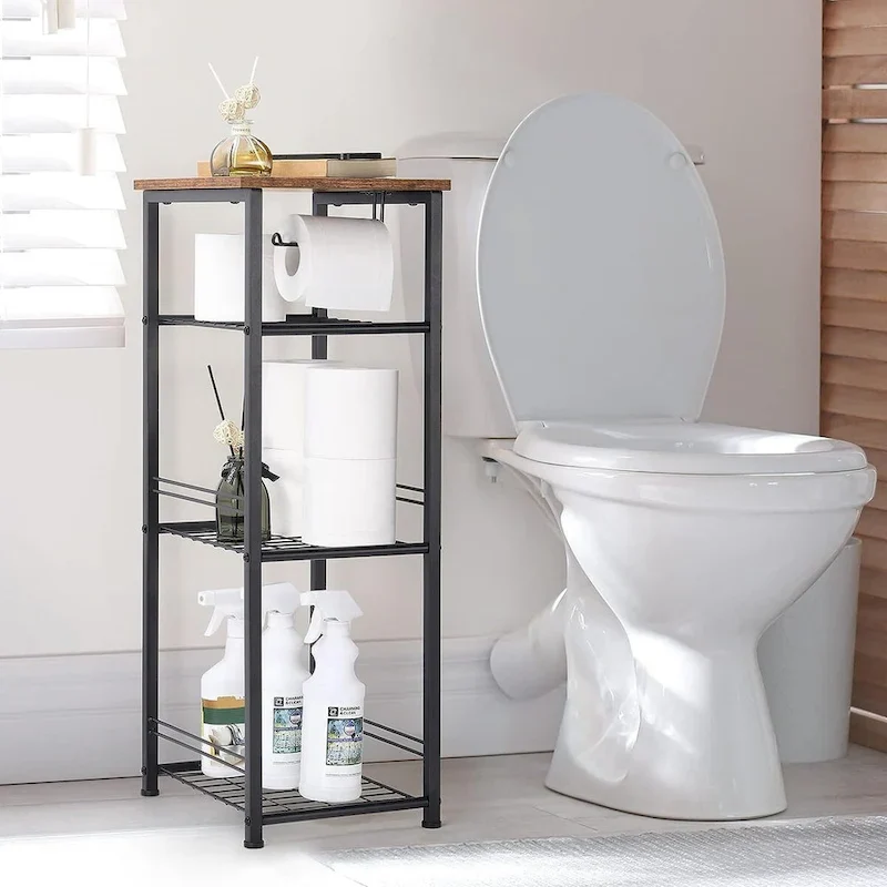 White/Brown & Black 4-Tier Bathroom Shelf with Toilet Paper Holder