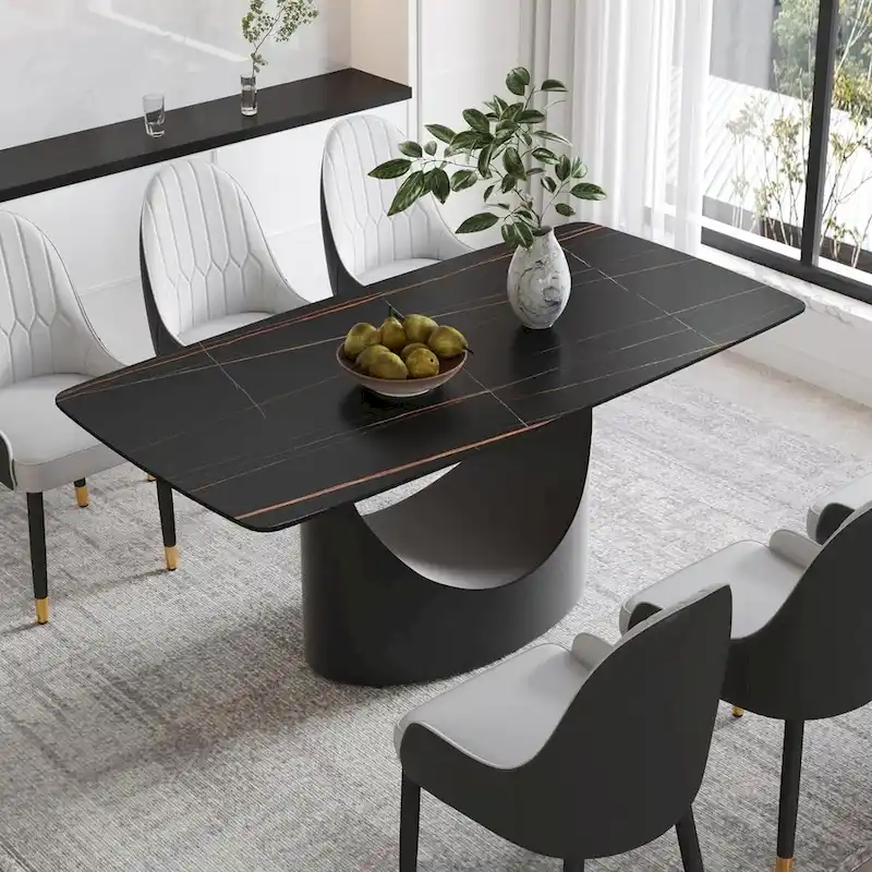 71  Black Marble Sintered Stone Table Top,Rectangle Dining Room Table with Unique U-Shape Black Carbon Steel Pedestal