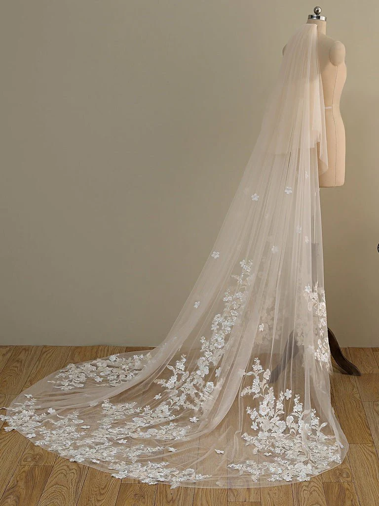 Ombre Champagne Floral Lace Ivory Cathedral Veil with Blusher Bridal Veil Wedding Veil