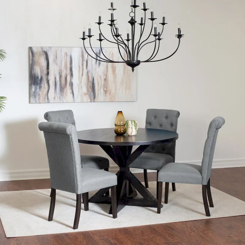 Modern Style 5-Piece Dining Set with Cross Base Round Table and 4 Button Tufted Linen Upholstered Chairs