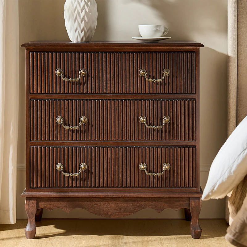 Fluted 3-Drawer Nightstand with Built-in Power Outlet & Solid Paulownia Wood Frame | Walnut / Charcoal / Cherry | Single