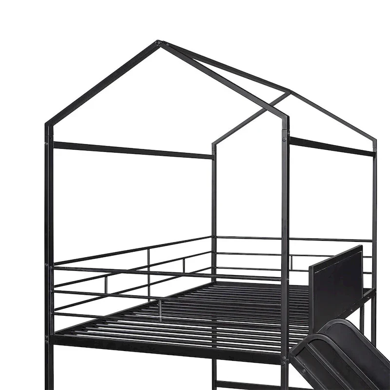 Merax Metal Twin House Loft Bed with Two-sided writable Wooden Board, Slide