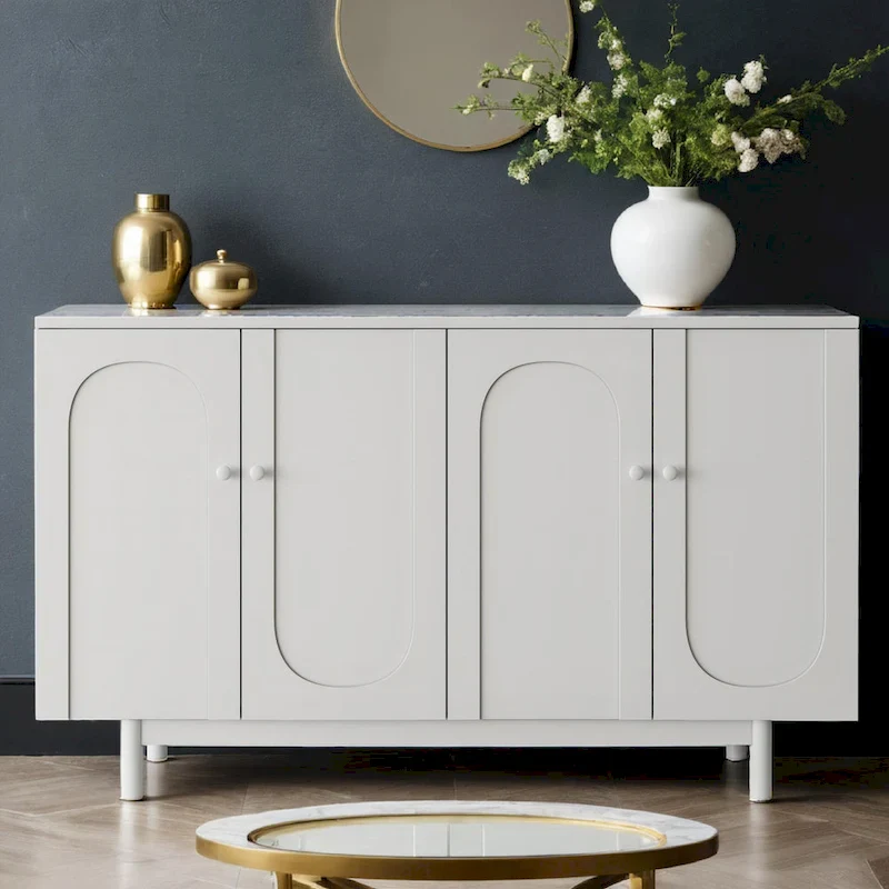 Mint Green / White 4-Door Intaglio Storage Cabinet with Pine Legs, 1-Person Assembly