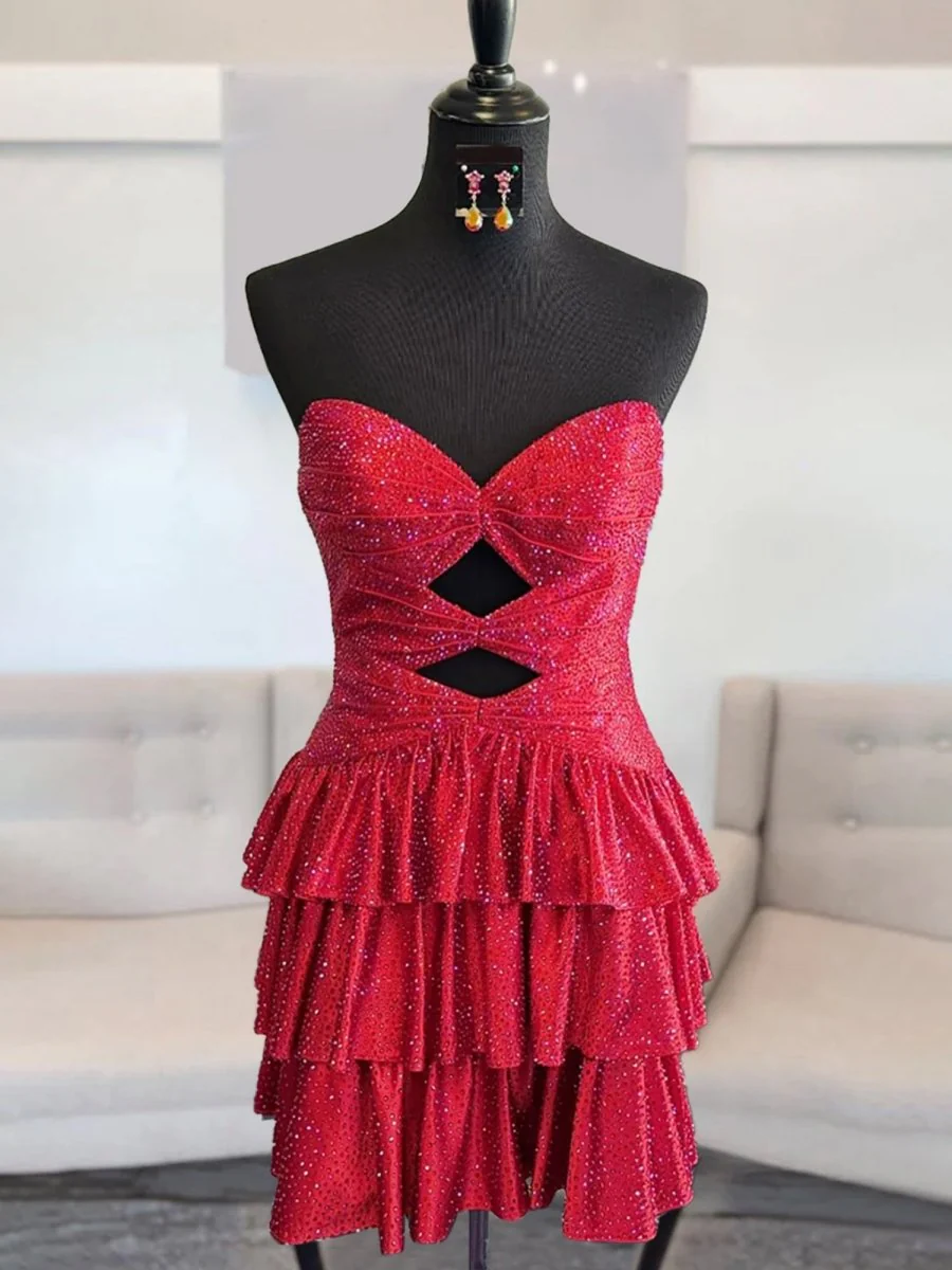 Red - A Line Sweetheart Satin Cut Out Ruffled Homecoming & Cocktail Dresses with Beads