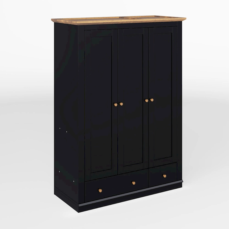 Roomfitters 3 Door Armoire Wardrobe, Modern Wood Cabinet, Hanging Rail and Shelves, Bedroom Storage, Black