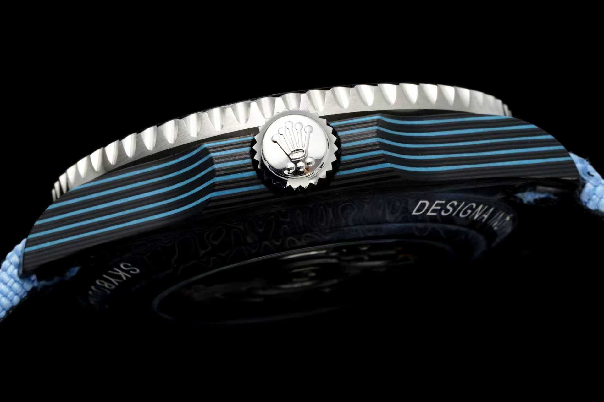 Custom sport build GMT-Master II side profile showing layered blue and black forged carbon case