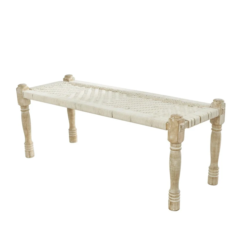 Beige Chevron Woven Bench with Mango Wood Legs – 2-Seat