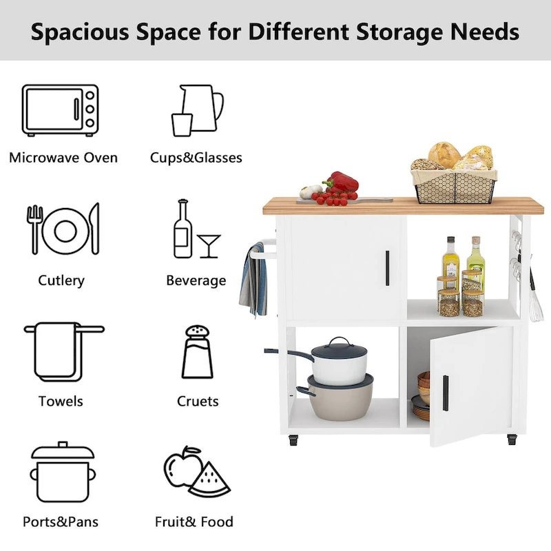 Kitchen Island with Wheels and Towel Rack, Kitchen Cart Utility Coffee Bar Cart with Shelves and Cabinet - White