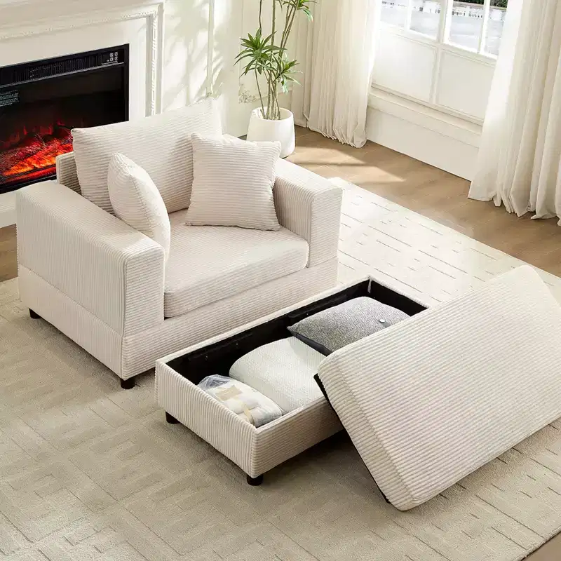 Mjkone Corduroy Comfy Chaise Lounge Deep Seat Sleeper Sofa Chair with Storage Ottoman,Upholstered Single/Loveseat Sofa