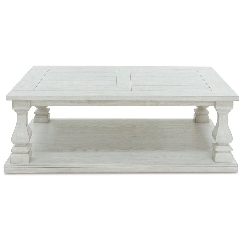 Dyne Cocktail Coffee Table, Plank Top, Balusters, 54 Inch White Wood