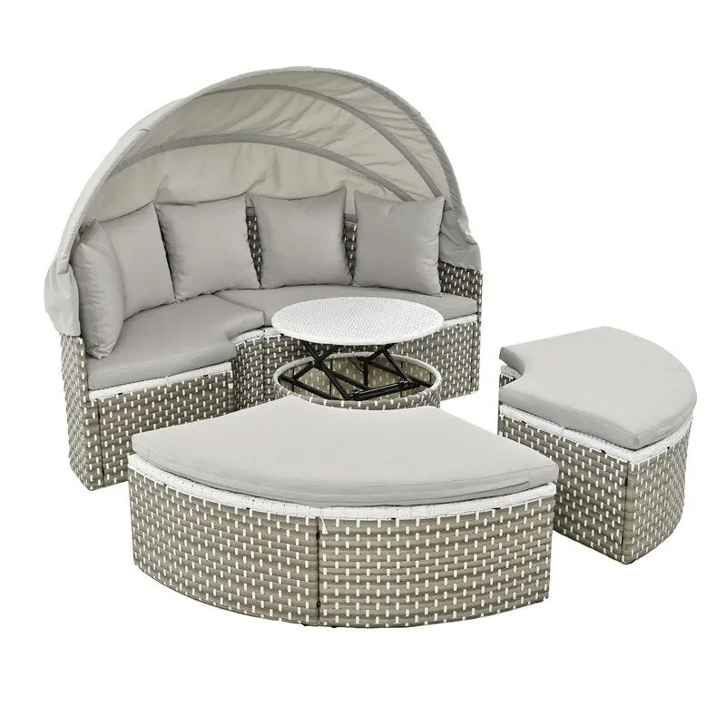 Round Patio Sectional Sofa Set  Two-Tone Rattan Daybed with Retractable Canopy & Modular Seating