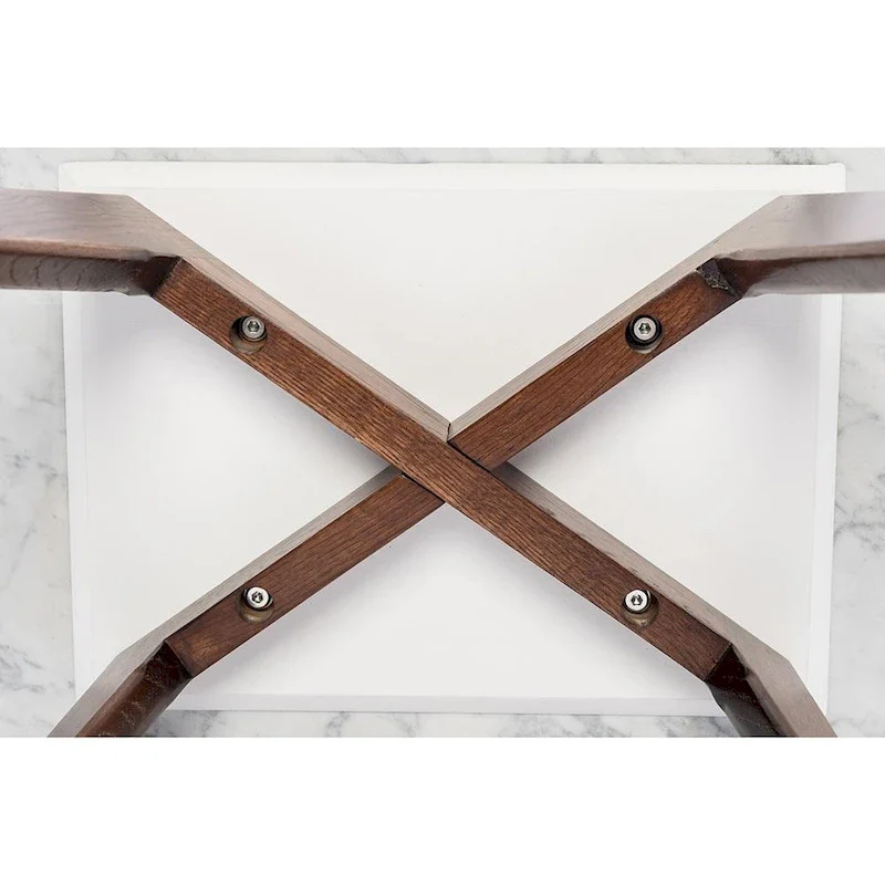Square Marble Top Coffee Table with Elm Wood Legs – White & Walnut, Mid-Century Modern Style