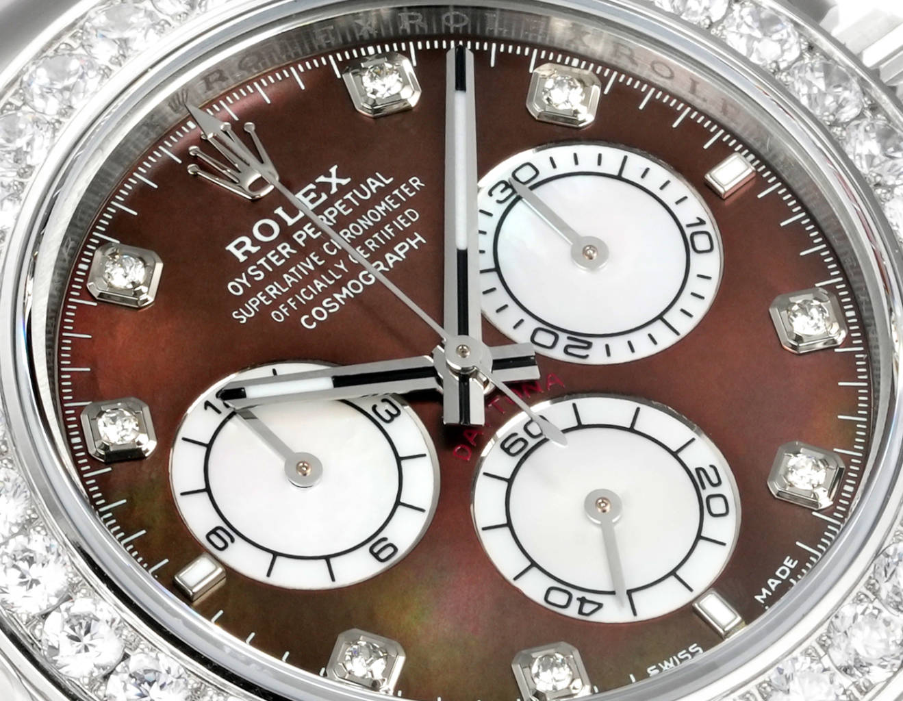 Rolex Daytona brown dial with diamond hour markers close-up
