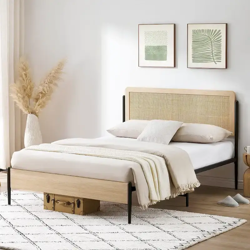 Wooden Metal Platform Bed Frame With Rattan Headboard