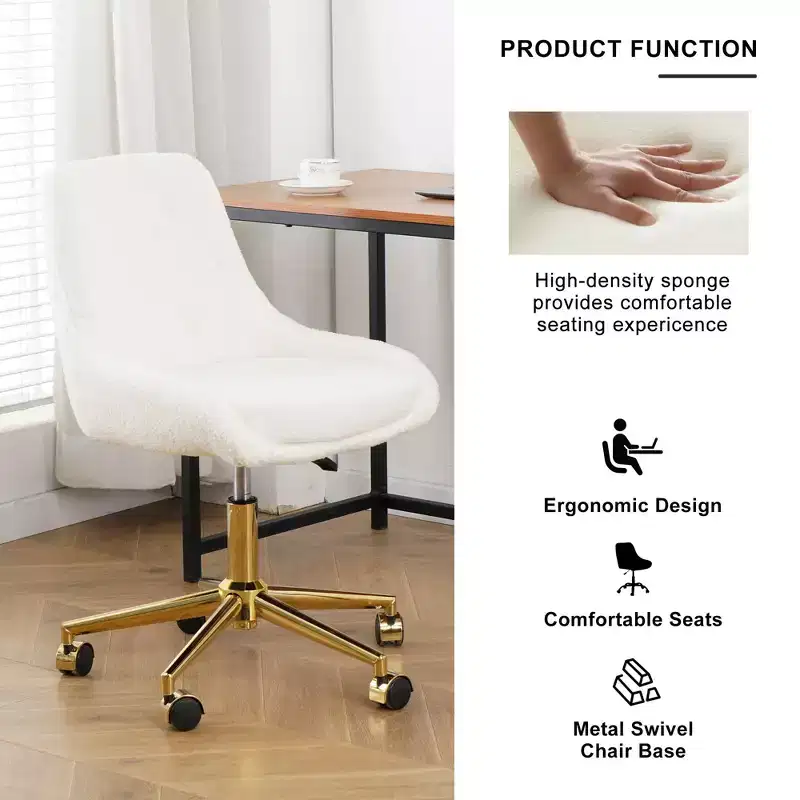 Okak Modern Teddy Fleece Upholstered Adjustable Office Chair Living Room Furniture,Small Swivel Task Chair for Office,Study,Studio