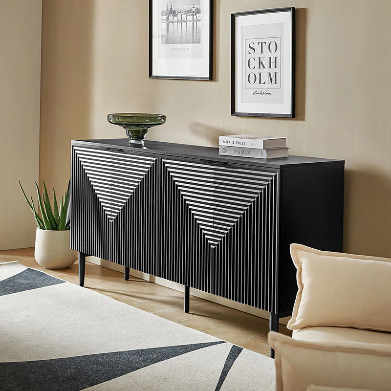 63 in Linear Groove 4-Door Sideboard with 2 Drawers, Wine Glass Rack, 3 Adjustable Shelves & Iron Legs | Black / White / Navy | Single